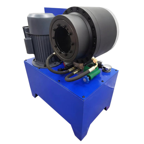 Built Tough Electric Hose Crimper Machine For High Pressure Hydraulic Lines With Forge Steel Head And Ten Precision Dies 220v 4kw view showing motor and crimping head with hoses and controls.