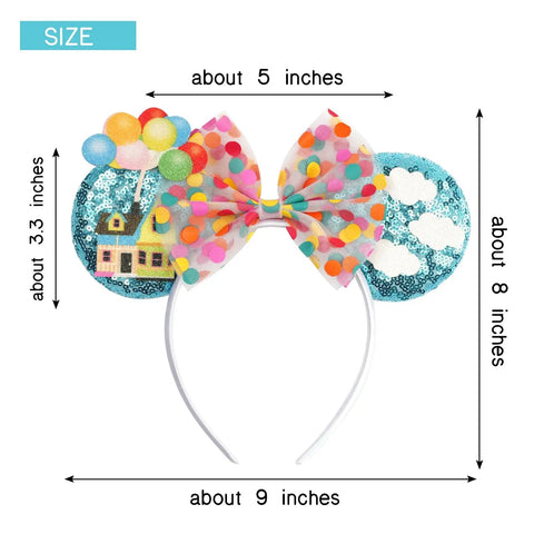Blue Balloon Hut Sequin Ears Headband With Cloud Confetti Bow And Balloon House Charms Fun Plush Mouse Ear Accessory For Adults