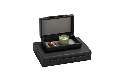 Open Two Piece Black Shagreen Faux Leather Jewelry Box Set With Velvet Lined Keepsake Organizers and accessories inside