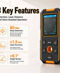 Beam Detector Rangefinder, Stud Finder Wall Scanner with voice assist, 80mm deep detection, and ±1.5 Mm accuracy shown on screen.