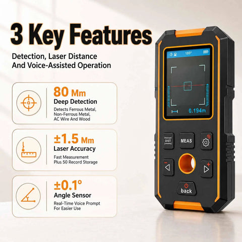 Beam Detector Rangefinder, Stud Finder Wall Scanner with voice assist, 80mm deep detection, and ±1.5 Mm accuracy shown on screen.