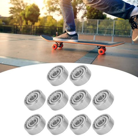 S624ZZ Stainless Steel Bearings 4x13x5mm Pack Of 10 with skateboard on pavement, showing durability and smooth spin performance