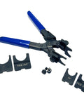 No Fuss Push To Connect Plumbing Tool With Interchangeable Faceplates For One Half, Three Quarter, And One Inch Fittings, shown with parts