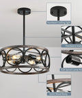 Farmhouse Semi Flush Mount Ceiling Light With Open Drum Frame Modern Dimmable LED Fixture In Dope Black Finish And Antique Wood Grain Metal