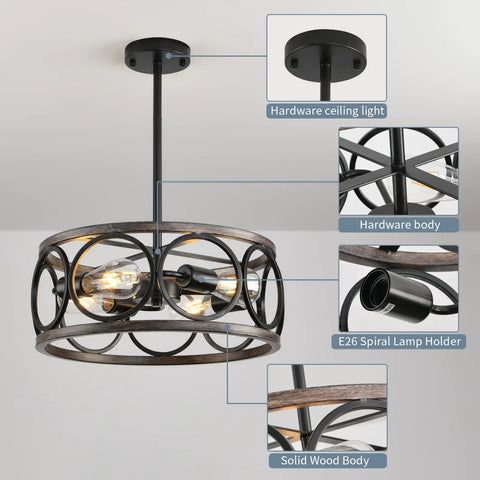 Farmhouse Semi Flush Mount Ceiling Light With Open Drum Frame Modern Dimmable LED Fixture In Dope Black Finish And Antique Wood Grain Metal