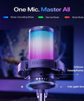USB Gaming Microphone With Noise Cancellation One Click Mute Gain Control Real Time Monitoring Boom Arm Slick For Streaming Podcast Twitch YouTube Discord On PC PS4 PS5 And Mac, front view.