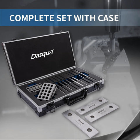 Dasqua 1-2-3 block set in case; 10-piece hardened alloy steel machinist blocks and thin parallels.