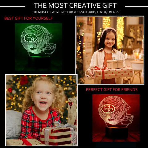 Football Helmet Shape 3D LED Night Light with Optical Illusion, displayed in kids' rooms as a creative gift for various ages.