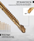 Badass Titanium Drill Bit Set Featuring Serrated Side Cutting Blades Six Piece Kit Spanning Three To Eight Millimeters showing 135° Beveled Point Tip for precise drilling.