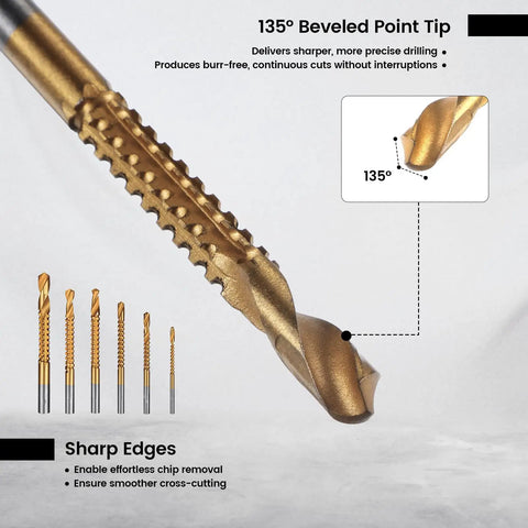 Badass Titanium Drill Bit Set Featuring Serrated Side Cutting Blades Six Piece Kit Spanning Three To Eight Millimeters showing 135° Beveled Point Tip for precise drilling.