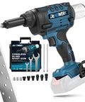Powerful Cordless Rivet Gun Compatible With Makita 18V Battery Featuring High torque Brushless Motor And Auto riveting, with accessories.