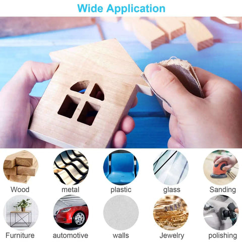 Hand using All Purpose Pro Grade Sandpaper Kit DIY Friendly With 48 Pcs Wet Dry Sheets 16 Grits From 120 To 5000 on wood craft