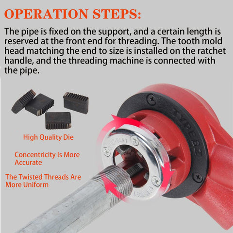 Image demonstrating operation steps for Ratcheting Pipe Threader Kit with ergonomic handle and durable cast iron head.