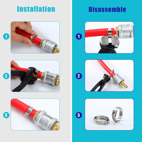 Installation and disassembly steps for 370 Piece 16 Size Single Ear Hose Clamps Set 5.3 To 36.1 mm 304 Stainless Steel Kit