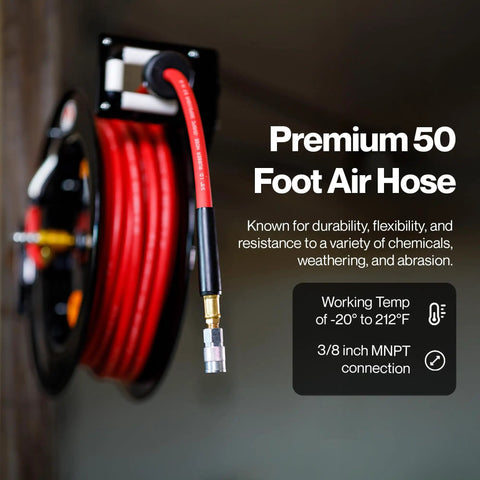 Heavy Duty 3/8 Inch x 50 Ft Air Hose Reel With Industrial Steel Construction, Corrosion-Resistant Frame, Premium SBR Rubber Hose