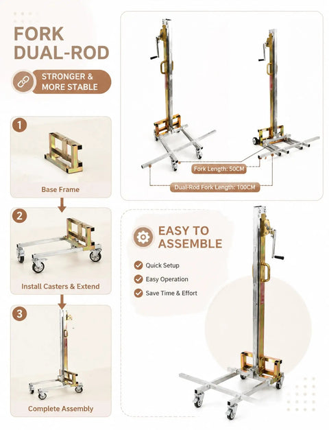 Handy Portable Mobile Lifting Stacker With Winch Tool For Cabinet Installation And Heavy Load Support Up To 176Lbs displayed with dual-rod fork length of 100CM.