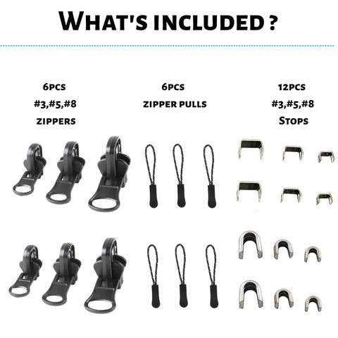 Zipper Repair Kit With 3 Size Double-Sided Zipper Sliders And Pulls Fits Jackets Luggage Backpacks And Outdoor Gear No Sew Installation 6-Piece Universal Zipper Repair Set For Quick Fixes