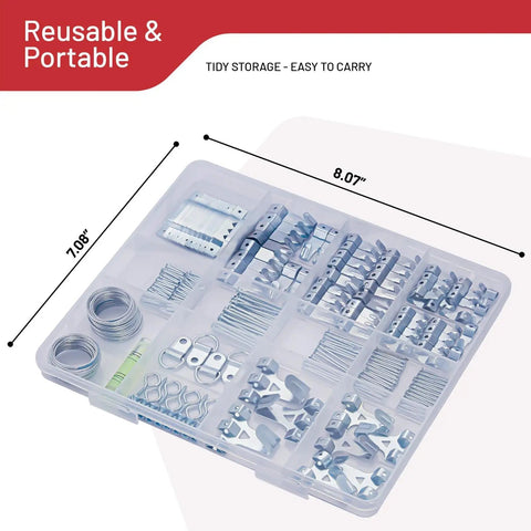 303 Piece Picture Hanging Kit With Heavy Duty Hooks And Organized Compartments For Wall Mounting and Shelf Bracing shown in storage tray.