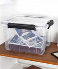 Built Like A Tank 34 Quart Gasket Storage Boxes With Lids Heavy Duty Plastic Bins For Home And Office Tough Weather Resistant Seal Tubs, clear container with photos inside.