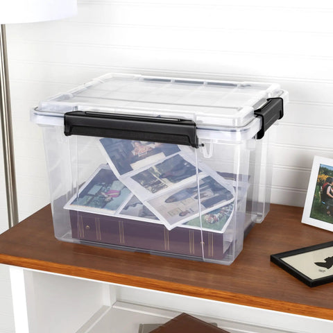 Built Like A Tank 34 Quart Gasket Storage Boxes With Lids Heavy Duty Plastic Bins For Home And Office Tough Weather Resistant Seal Tubs, clear container with photos inside.