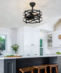 Caged Ceiling Fan With Remote Control And Light in a modern kitchen, Farmhouse Flush Mount Industrial Low Profile design