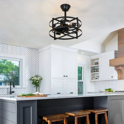 Caged Ceiling Fan With Remote Control And Light in a modern kitchen, Farmhouse Flush Mount Industrial Low Profile design