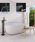 Freestanding Matte Black Bathtub Faucet With Waterfall Spout And Hand Shower Floor Mounted Brass Tub Filler in bathroom