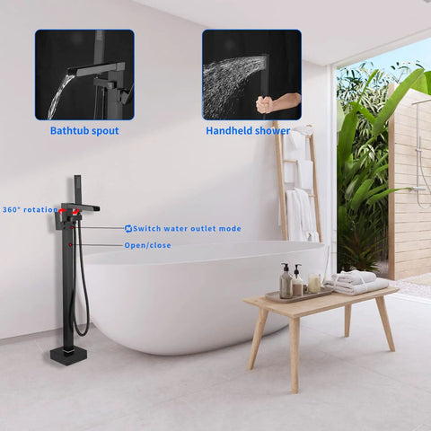 Freestanding Matte Black Bathtub Faucet With Waterfall Spout And Hand Shower Floor Mounted Brass Tub Filler in bathroom