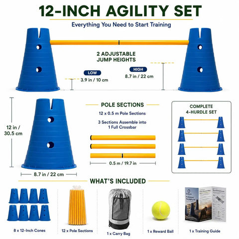 Dog Agility Hurdle Set 12 Inch Adjustable Jump Training for Backyard Beefy 325g Cones and Poles Carry Bag Training Ball Included
