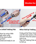 Instructions on unfolding and folding the Go-To Ultralight Aluminum Collapsible Trekking Pole for Travel and Hiking, Blue.