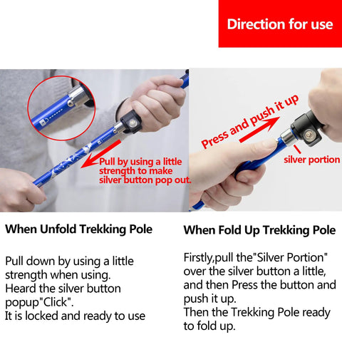 Instructions on unfolding and folding the Go-To Ultralight Aluminum Collapsible Trekking Pole for Travel and Hiking, Blue.