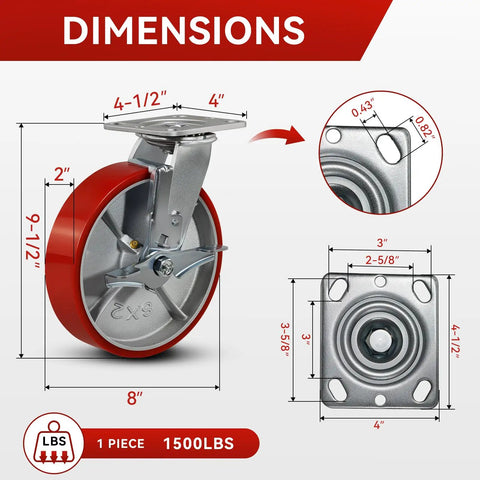 Heavy Duty Eight By Two Inch Industrial Casters Polyurethane And Steel Wheels Six Thousand Pound Capacity Built Tough For Shop Carts And Utility Dollies Rolls Easy No Sweat Swivel Lock Brakes Pack Of Four dimensions with detailed measurements.