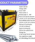 Rock Solid Electric Rebar Bender And Steel Bar Bending Machine Handles Round Ribbed Steel With Easy 0 To 180 Degree Adjustments with specifications and dimensions.