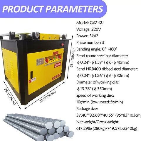 Rock Solid Electric Rebar Bender And Steel Bar Bending Machine Handles Round Ribbed Steel With Easy 0 To 180 Degree Adjustments with specifications and dimensions.