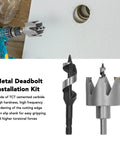 Heavy Duty Door Lock Installation Kit With 6 Blade Carbide Hole Saw For Wood And Metal Includes Auger Bit To Cut Precise Deadbolt Holes In Minutes No Splintering Or Slipping Guaranteed Pro Results. 54mm carbide hole saw and auger bit drilling a deadbolt hole