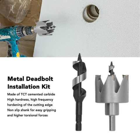 Heavy Duty Door Lock Installation Kit With 6 Blade Carbide Hole Saw For Wood And Metal Includes Auger Bit To Cut Precise Deadbolt Holes In Minutes No Splintering Or Slipping Guaranteed Pro Results. 54mm carbide hole saw and auger bit drilling a deadbolt hole