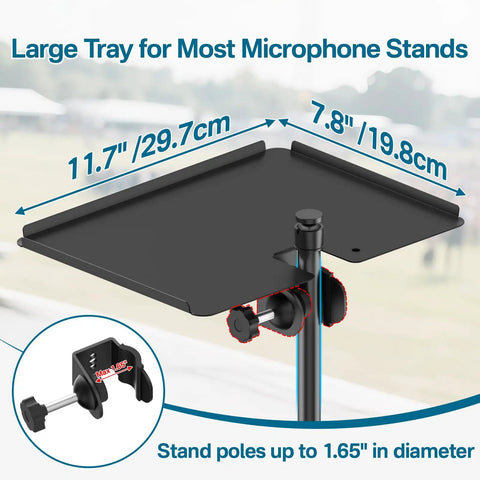 Metal Microphone Stand Tray With Clamp On Shelf And Phone Holder, Large 11.7 By 7.8 Inches, attached to 1.65 inch pole