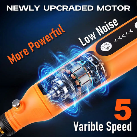 Mini Cordless Rotary Tool Kit Pen Shaped And Rechargeable With Five Adjustable Speeds Type C Fast Charge motor showing five variable speeds and low noise.