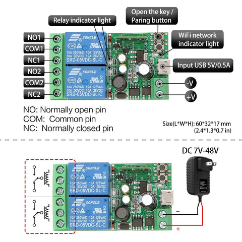 Two Channel WiFi Smart Relay Switch With 5V 12V 24V 36V DC Support Passive Output Ewelink App Control Works With Alexa And Google Home Inching And Self Locking Modes Remote On Off From Anywhere; dual relay PCB