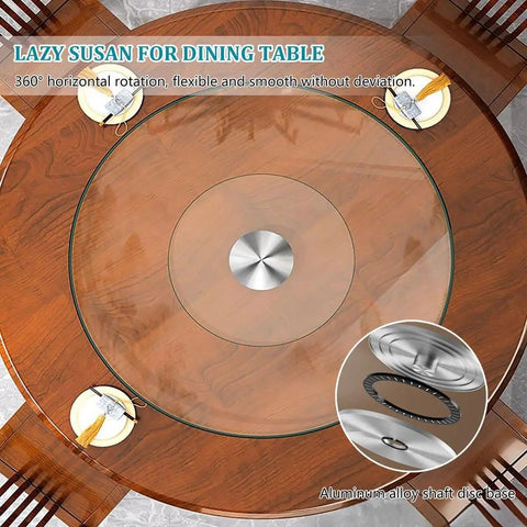 Heavy Duty Tempered Glass Lazy Susan Turntable Rock Solid Smooth Glide Kitchen Workhorse Serving Tray For Banquets And Home Tables Crystal Clear Scratch Resistant 39 Inches on wooden dining table.