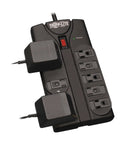 8 Outlet Flat Plug Surge Protector Power Strip With 1440 Joules UL Listed 8 Foot Cord Space Saving Design Wide Spaced Outlets For Bulky Adapters Perfect For Your Home Office And Gear, showing black surge protector with cords