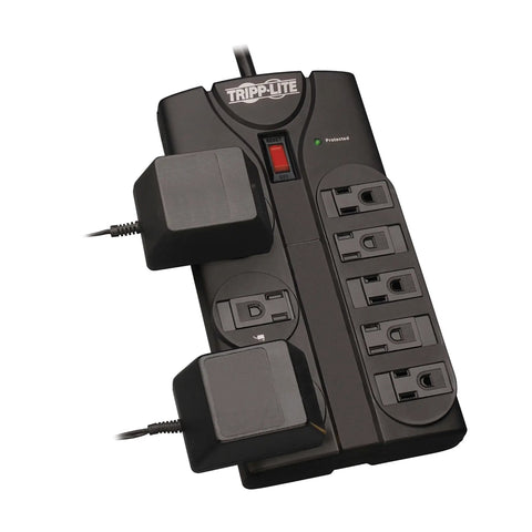 8 Outlet Flat Plug Surge Protector Power Strip With 1440 Joules UL Listed 8 Foot Cord Space Saving Design Wide Spaced Outlets For Bulky Adapters Perfect For Your Home Office And Gear, showing black surge protector with cords