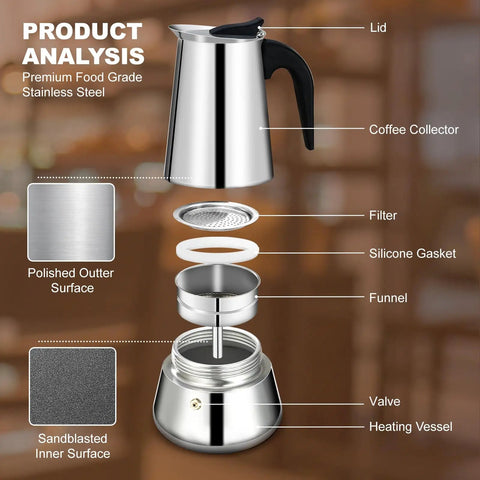 Exploded view of Stainless Steel 4 Cup Stovetop Espresso Maker Moka Pot For Home And Camping Induction Compatible Mocha Coffee Brew 200 ml.
