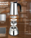 Exploded view of 2 Cup Stovetop Espresso Maker Stainless Steel Moka Pot For Home Or Camp Easy Brew Induction Ready