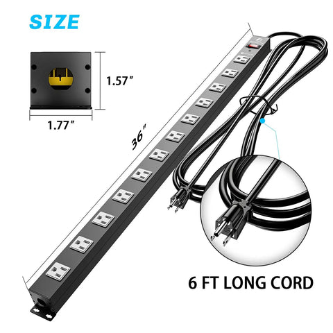 12 Outlet Surge Protector Metal Power Strip With 1800J Surge, Mountable Heavy Duty Workshop Power Strip, 6 Ft Cord, diagram view