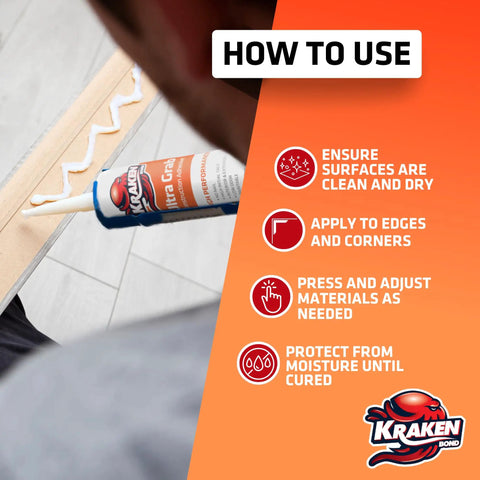 Person using White Heavy Duty Construction Adhesive 12 Pack With Fast Cure And Strong Grab For Tile Wall Panels Marble And Granite Sticking Like Crazy For DIY And Pro Projects