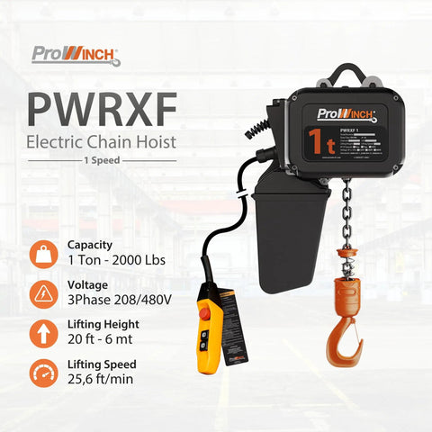 1 Ton Electric Chain Hoist Heavy Duty H4 Dual Voltage 208 To 480 Volt 3 Phase 13 Ft Lift G100 Nickel Chain IP55 ASME B30.16