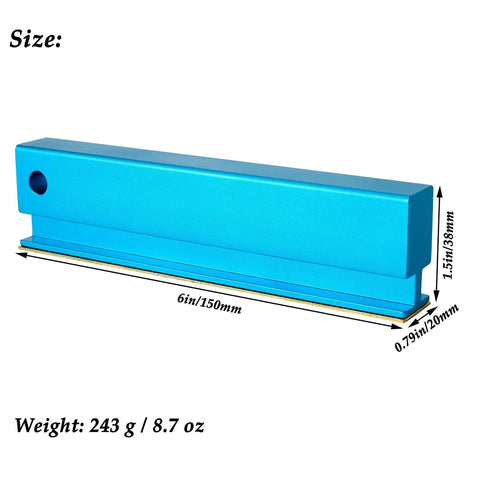 High Quality 6 Inch Guitar Fret Leveling Sanding Beam Featuring Killer 320 Grit Diamond Surface For No Sweat String On Maintenance And Top Shelf Luthier Setup, blue with precise measurements.