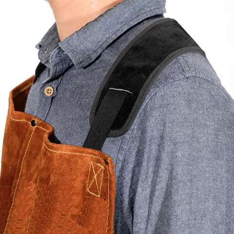 Close-up of Beefy Heavy Duty Welding Apron With Gloves For Men, showing shoulder strap detail on heat and flame-resistant leather.