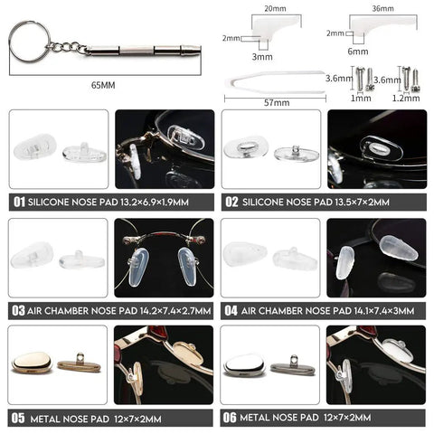 Super Comfy Silicone Airbag Glasses Nose Pads With Hella Soft Metal Support To Ditch Nose Pinch, various silicone and metal nose pads kit.